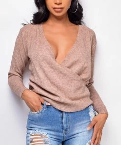 Emprada Millie Beige Surplice V Neck Sweater Top Tops