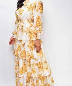 Emprada Dresses Amila White Yellow Floral Maxi Dress