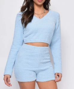 Emprada Yazmin Blue Fuzzy V Neck Sweater And Shorts Set Blue Dresses