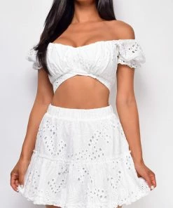 Emprada Bria White Crochet Lace Skirt & Top Set Dresses
