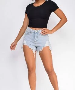 Emprada Let's Roll Light Blue Frayed High Waist Denim Shorts Bottoms