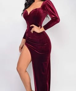 Emprada Dresses Tanya Red Velvet High Slit Gown