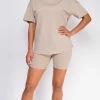 Emprada Oversized Sand Beige T-Shirt And Biker Short Two Piece Set