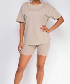 Emprada Oversized Sand Beige T-Shirt And Biker Short Two Piece Set