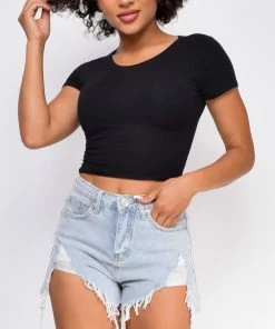 Emprada Let's Roll Light Blue Frayed High Waist Denim Shorts Bottoms