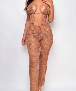 Emprada Kalea Mocha Beige Crochet Bra & Pants Cover Up Set