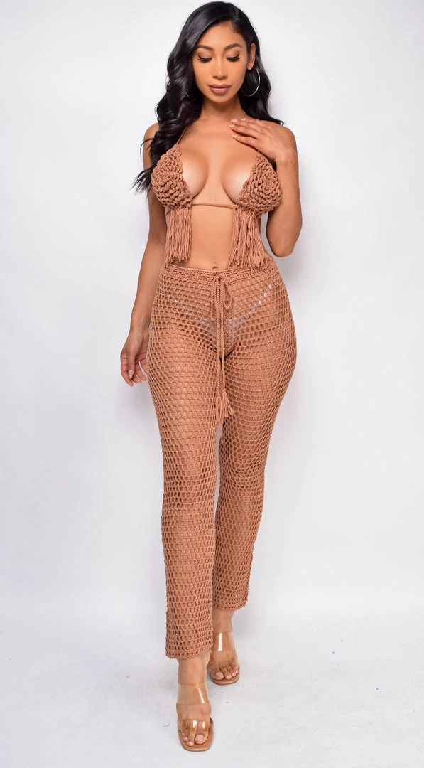 Emprada Kalea Mocha Beige Crochet Bra & Pants Cover Up Set 1 Emprada Kalea Mocha Beige Crochet Bra & Pants Cover Up Set
