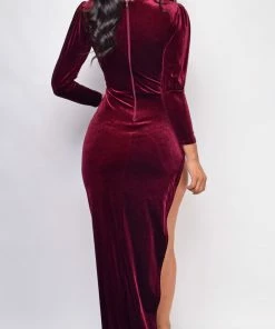 Emprada Dresses Tanya Red Velvet High Slit Gown