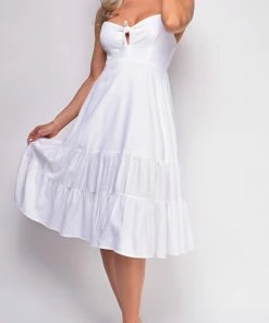 Emprada Dresses Aviva White Front Tie Midi Dress