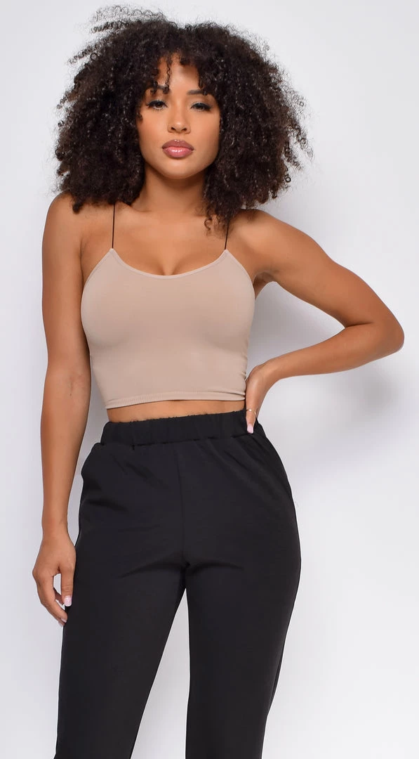 Emprada Joie Dark Taupe Beige Seamless Spaghetti Strap Ribbed Bottom Brami 1 Emprada Joie Dark Taupe Beige Seamless Spaghetti Strap Ribbed Bottom Brami