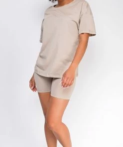 Emprada Oversized Sand Beige T-Shirt And Biker Short Two Piece Set