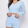 Emprada Yazmin Blue Fuzzy V Neck Sweater And Shorts Set Blue Dresses