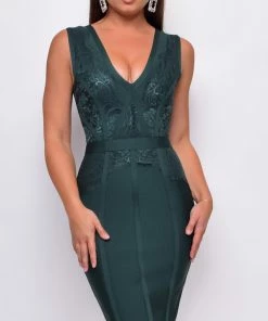 Emprada Dresses Tavia Green V Neck Lace Bandage Midi Dress