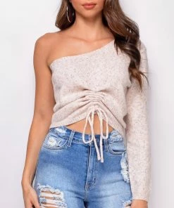 Emprada Chesney Beige One Shoulder Sweater Top Tops