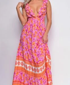 Emprada Dresses Greta Pink Multi Color Floral Print Maxi Dress