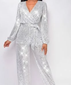 Emprada Jumpsuits & Rompers Zaneta Silver Sequin Jumpsuit