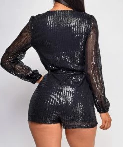 Emprada Tempo Black Sequin Long Sleeve Belted Romper 5 Emprada Tempo Black Sequin Long Sleeve Belted Romper