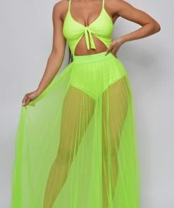 Emprada Palmaria Neon Lime Pleated Sheer Tulle Maxi Cover-up Skirt
