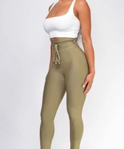 Emprada Bottoms Hara Olive Green High Waist Belted Bandage Pants