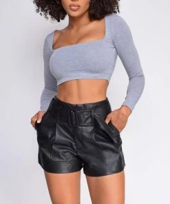 Emprada Rory Heather Grey Square Neckline Long Sleeve Crop Top Tops 5 Emprada Rory Heather Grey Square Neckline Long Sleeve Crop Top Tops