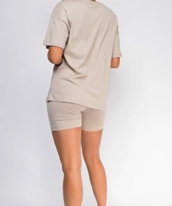 Emprada Oversized Sand Beige T-Shirt And Biker Short Two Piece Set