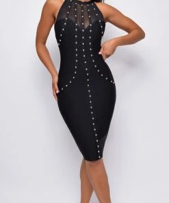 Emprada Zalia Black Studded Mesh High Neck Bandage Dress Dresses