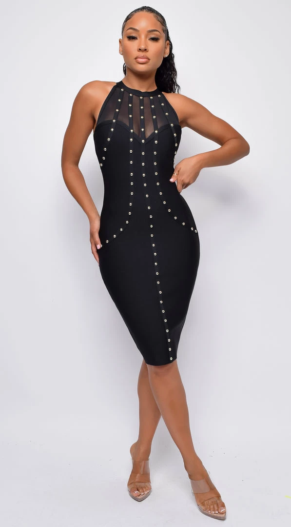 Emprada Zalia Black Studded Mesh High Neck Bandage Dress Dresses 1 Emprada Zalia Black Studded Mesh High Neck Bandage Dress Dresses