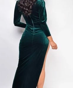 Emprada Dresses Tanya Green Velvet High Slit Gown