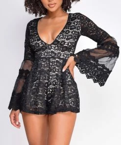 Emprada Jumpsuits & Rompers Lolanda Black Nude Lace Bell Sleeve Romper