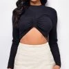 Emprada Orinda Black Long Sleeve Mock Neck Ruched Crop Top