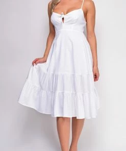 Emprada Dresses Aviva White Front Tie Midi Dress