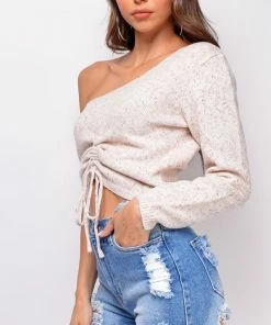 Emprada Chesney Beige One Shoulder Sweater Top Tops