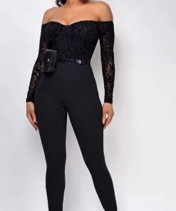 Emprada Layla Black Off Shoulder Belted Waist Bag Jumpsuit Jumpsuits & Rompers