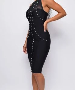 Emprada Zalia Black Studded Mesh High Neck Bandage Dress Dresses