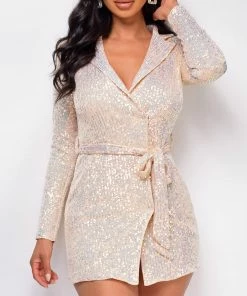 Emprada Dresses Sara Opal Cream White Sequin Belted Dress