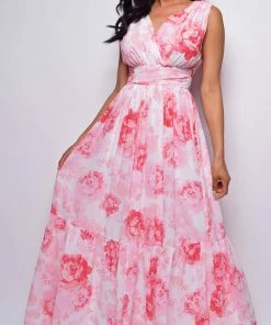 Emprada Zen White Pink Floral Print Maxi Dress Dresses