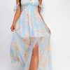 Emprada Faith Blue Floral Off Shoulder Maxi Dress Dresses
