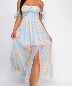 Emprada Faith Blue Floral Off Shoulder Maxi Dress Dresses