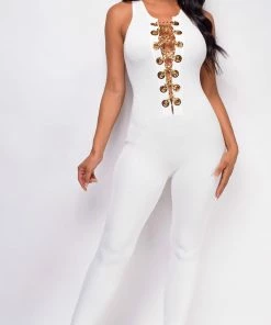 Emprada Jumpsuits & Rompers Lida White Gold Chain Lace Up Jumpsuit