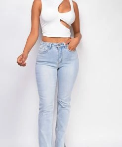 Emprada Hendrix Blue Light Wash Slit Hem Jeans Bottoms