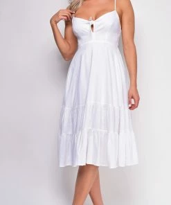 Emprada Dresses Aviva White Front Tie Midi Dress