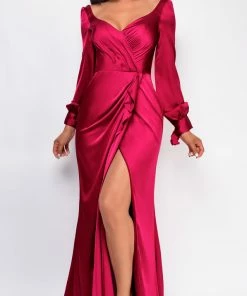 Emprada Dresses Adalina Burgundy Red Satin Wrap Slit Gown