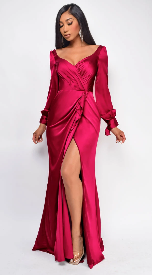 Emprada Dresses Adalina Burgundy Red Satin Wrap Slit Gown 1 Emprada Dresses Adalina Burgundy Red Satin Wrap Slit Gown