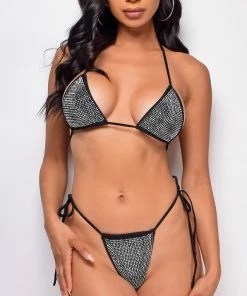 Emprada Swim Iseppa Black Silver Rhinestone Triangle Tie Up Bikini