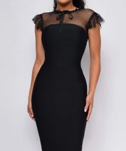Emprada Dresses Standards High Black Mesh Front Tie Bandage Dress