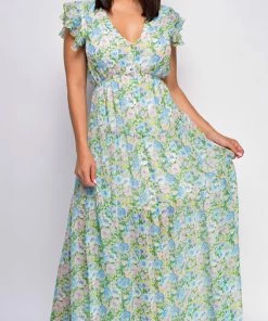 Emprada Dresses Vee Green Multi Floral Print Ruffle Maxi Dress
