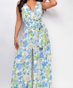 Emprada Jumpsuits & Rompers Sonele White Blue Floral Wide Leg Jumpsuit