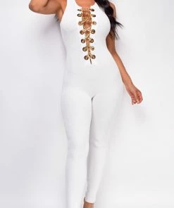 Emprada Jumpsuits & Rompers Lida White Gold Chain Lace Up Jumpsuit