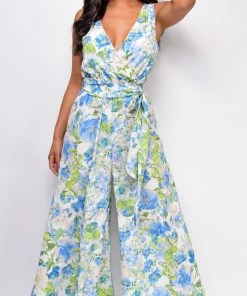 Emprada Jumpsuits & Rompers Sonele White Blue Floral Wide Leg Jumpsuit