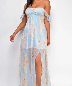 Emprada Faith Blue Floral Off Shoulder Maxi Dress Dresses
